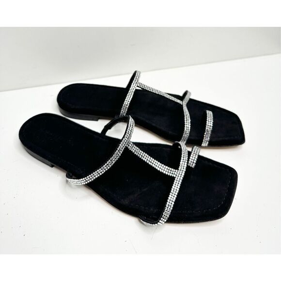 Lafayette 148 New York Sandals Size 7.5US Black Leather Rhinestone Slip‎ On Shoe - Picture 2 of 10